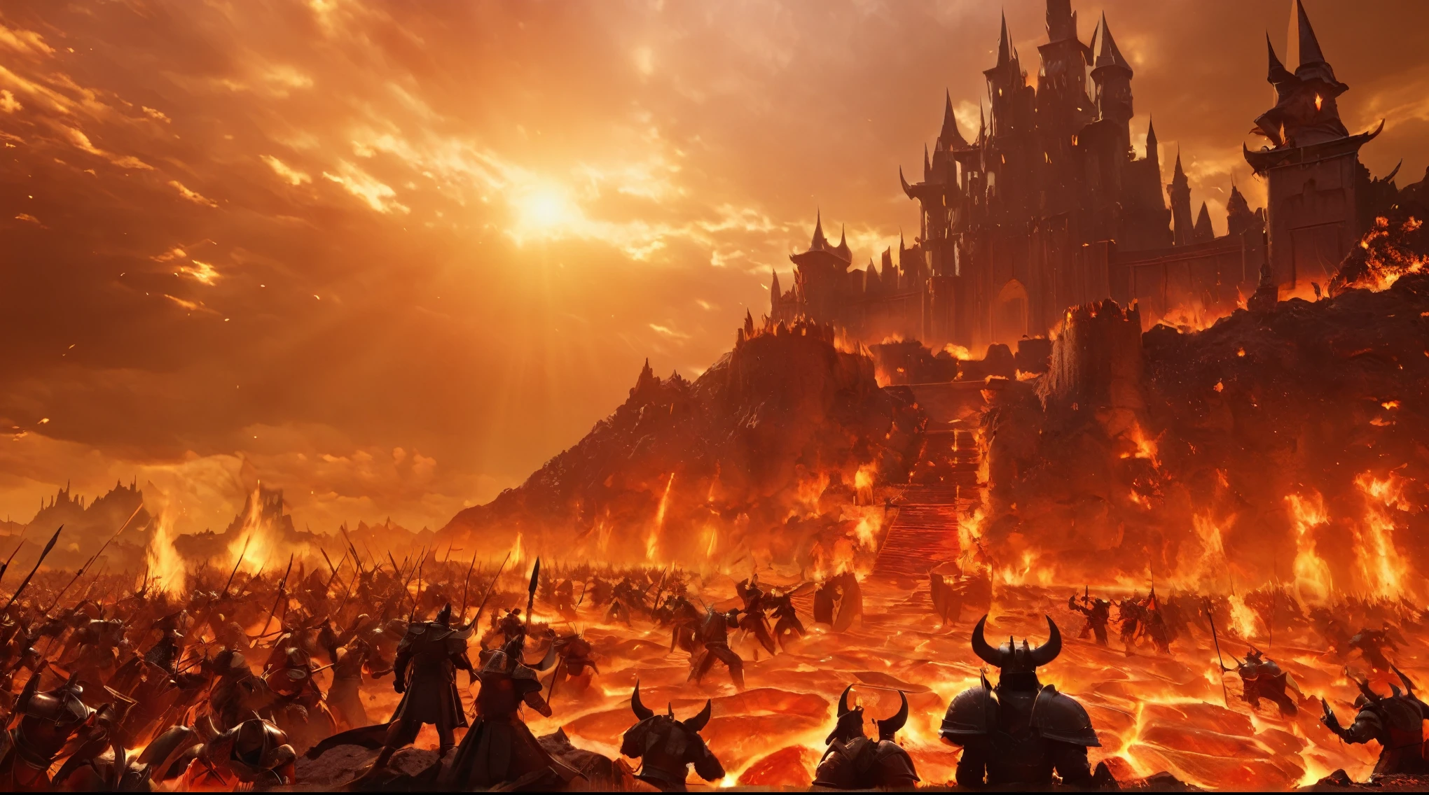 Hellscape with castle and demon army (((masterpiece))), ((best quality)), Practical, 8K, Extremely detailed, Practical, landscape, Concept Art, Highly detailed RAW color photos, Side Angle, (lens flare:0.7), Particle Effects, Ray Tracing, light, Shallow depth of field, Shot with Sony Alpha 1, 50mm wide-angle lens, Clear focus, Stills, Dynamic poses (Practical:1.5)