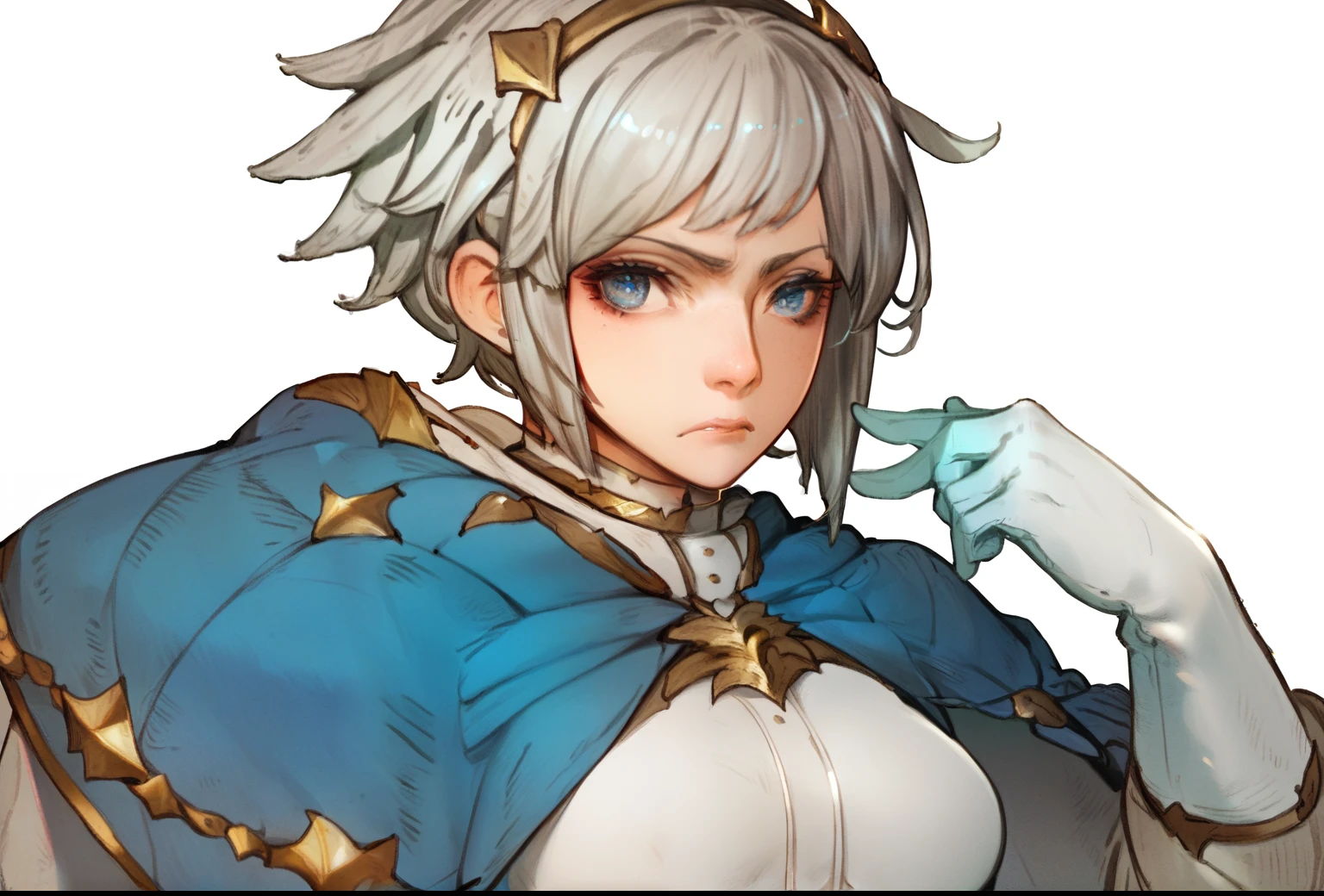 score_9, score_8_up, score_7_up, score_6_up, score_5_up, score_4_up, 1girl, solo, looking at viewer, short hair, blue eyes, simple background, gloves, long sleeves, white background, closed mouth, upper body, grey hair, white gloves, cape,