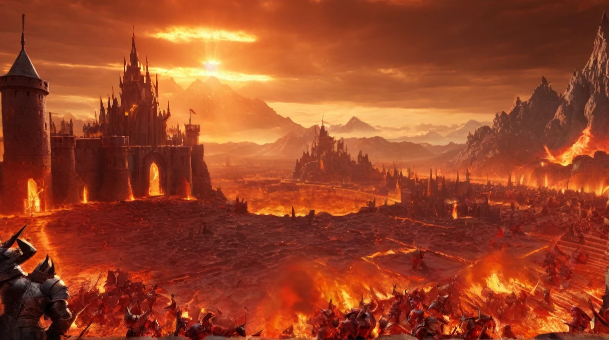 Hellscape with castle and demon army (((masterpiece))), ((best quality)), Practical, 8K, Extremely detailed, Practical, landscape, Concept Art, Highly detailed RAW color photos, Side Angle, (lens flare:0.7), Particle Effects, Ray Tracing, light, Shallow depth of field, Shot with Sony Alpha 1, 50mm wide-angle lens, Clear focus, Stills, Dynamic poses (Practical:1.5)