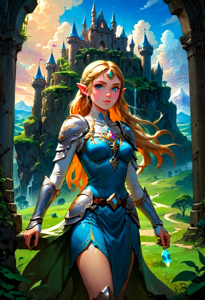 1girl, Princess Zelda, The Legend of Zelda, A highly detailed fantasy landscape,rolling hills,lush forests,medieval castle,ancient ruins,glowing magical crystals,dramatic lighting,epic adventure,beautiful detailed eyes,extremely detailed face and intricate outfit,stunning digital art,cinematic composition,vibrant colors,dramatic lighting,fantasy art,concept art,ultra-detailed,8k,professional, masterpiece, best quality, very aesthetic, absurdres