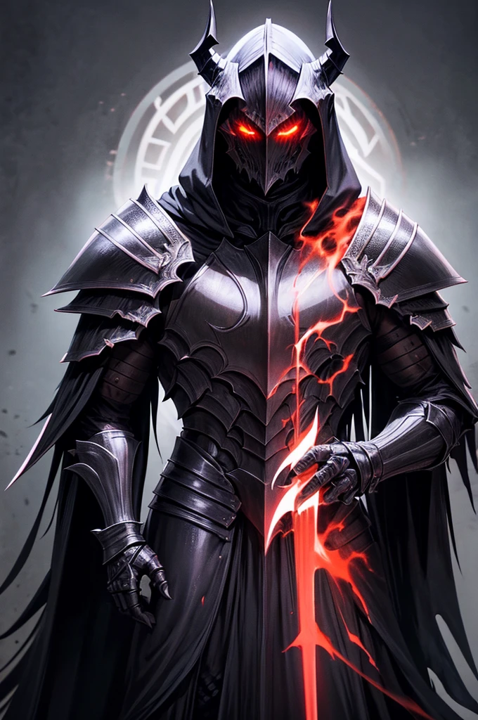 Male, demon knight, black fur cloak, hood over head, wearing pitch black plate armor that has sharp features, 4k, masterpiece, high res, wearing a helmet, death knight, muscular build, evil looking, full body view, necromancer, red glowing eyes, riding a armored black warhorse, mysterious vibe, dark aura, holding a long sword