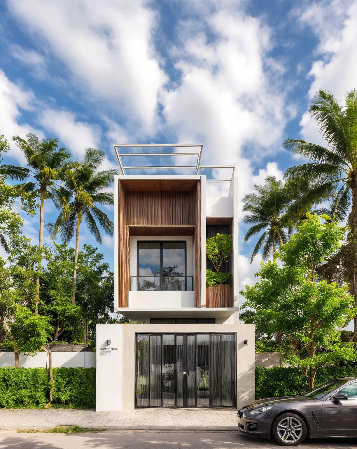 Raw photo,Masterpiece, high quality, best quality, authentic, super detail, outdoors, house style modern,bietthuhn, white wall, glass windows, gate road,pavement, grass, trees, sky, cloud, (day:1.1),