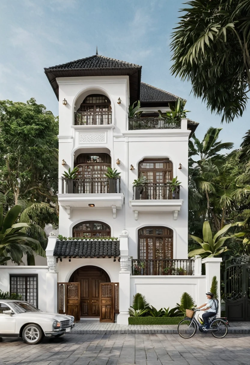 Render a 5-meter-wide Indochine-style townhouse situated in an urban setting. The townhouse features a simple, elegant white facade with traditional Indochine architectural elements, including arched windows, wooden shutters, and decorative railings. The roof is designed with a two-sided slope running from front to back, reminiscent of the houses in Hoi An. The exterior walls are adorned with subtle, ornate details that reflect the Indochine style. The ground floor includes a welcoming entrance with classic wooden furniture and traditional lanterns. The street is lined with cobblestone pavement, tropical plants, and urban elements such as street lamps and parked bicycles, creating a harmonious blend of traditional and urban aesthetics.
8k resolution, UHD, high-quality detail, Indochine style, 5-meter-wide facade, white exterior, arched windows, wooden shutters, decorative railings, two-sided sloping roof, Hoi An style, classic wooden furniture, traditional lanterns, ornate details, urban setting, street view, cobblestone pavement, tropical plants, street lamps, parked bicycles, harmonious blend of traditional and urban aesthetics.