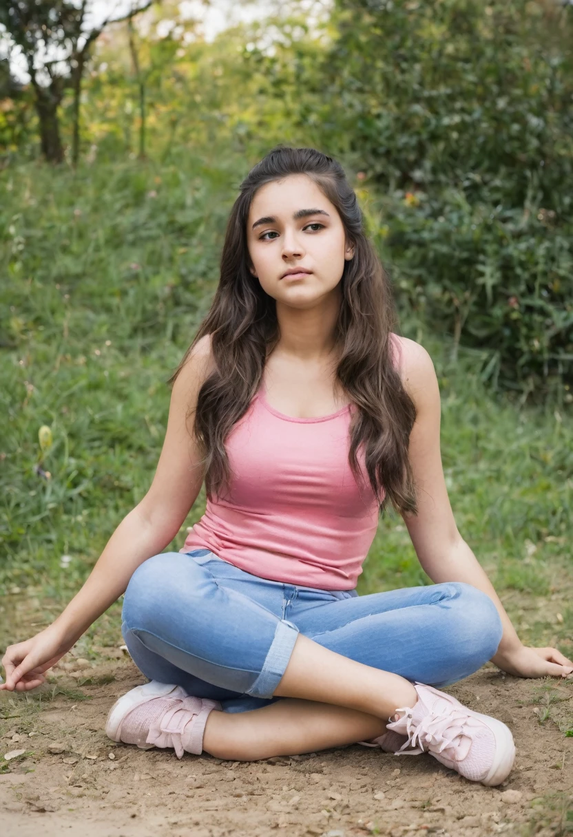 teenage girl sitting on ground, belly exposed, belly bloated