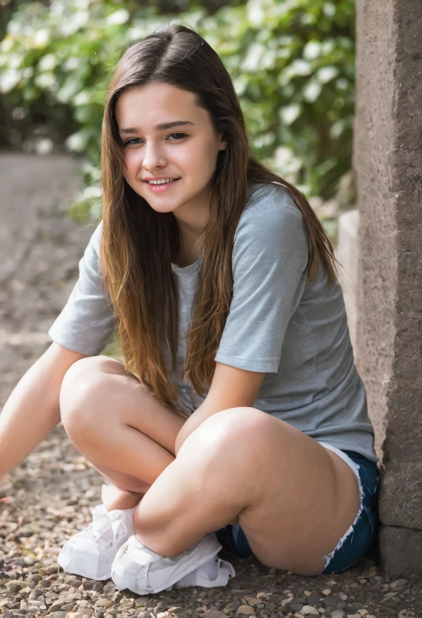 teenage girl sitting on ground, belly exposed, belly bloated