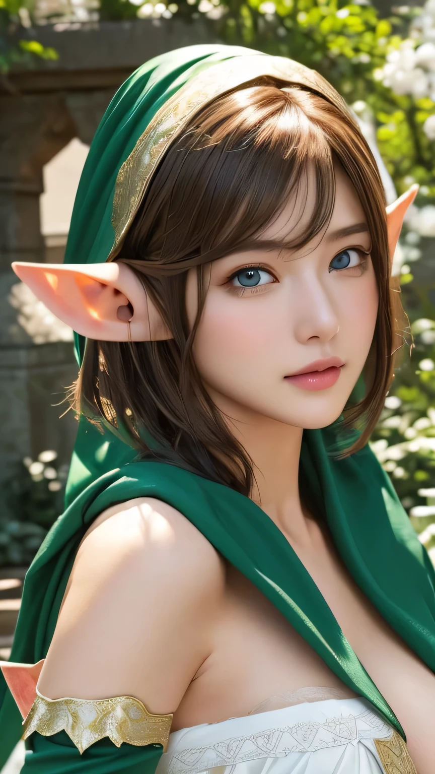 Non-NSFW、Realistic、Highest quality、Highest quality、masterpiece、Ultra-high resolution、RAW Photos、Realistic、Bright lighting、Face Light、Smooth Professional Lighting、Looking into the camera、alone、Adult female、Beautiful woman、Super Beauty、Realistic肌、Moisturized Skin、Realistic eyes and faces、Perfect model body shape、Beautiful Eyes、Big eyes、Inconspicuous tear bags、slim、(No bra), (Elf cosplay:1.4)、Beautiful fingers、Very short hair、Light brown hair、Iris、Looks happy, (Large Breasts:1.1),(Venus' Nipples:1.2), In the city, Small Ass, A konigsreuter、Sexy Random Poses,(standing:1.1),(from behind:1.6)