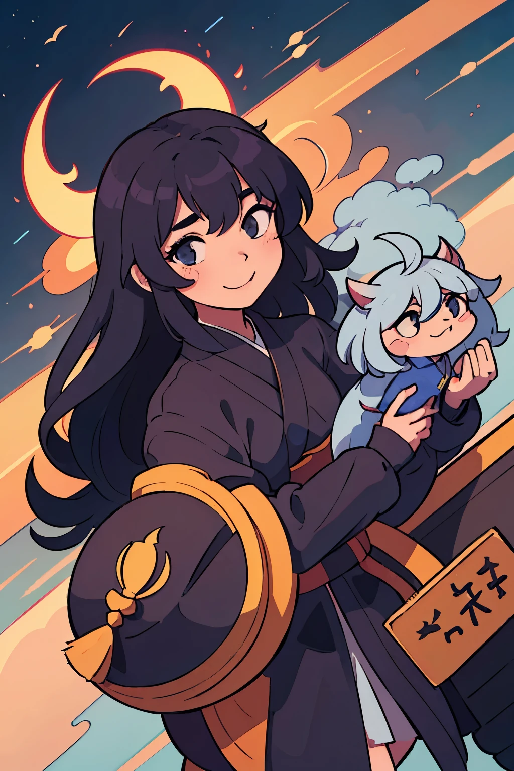 (คุณภาพดีที่สุด:0.8) A long-haired black girl in a kimono rides a Chinese dragon and flies joyfully across the sky.