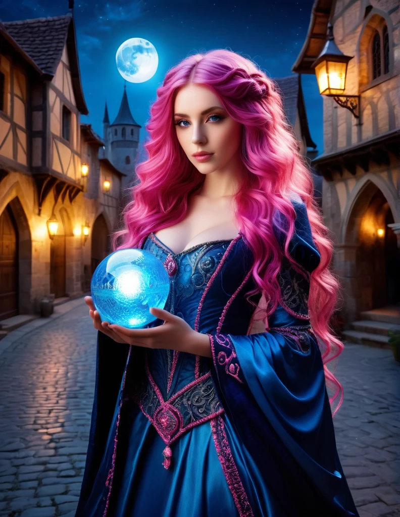 very attractive 25 year old girl with long wavy bright pink hair, A beautiful woman in an intricate blue fantasy outfit, holding a glowing orb, standing in a medieval town under the moonlight. Realistic textures, sharp details, natural lighting, vibrant colors.