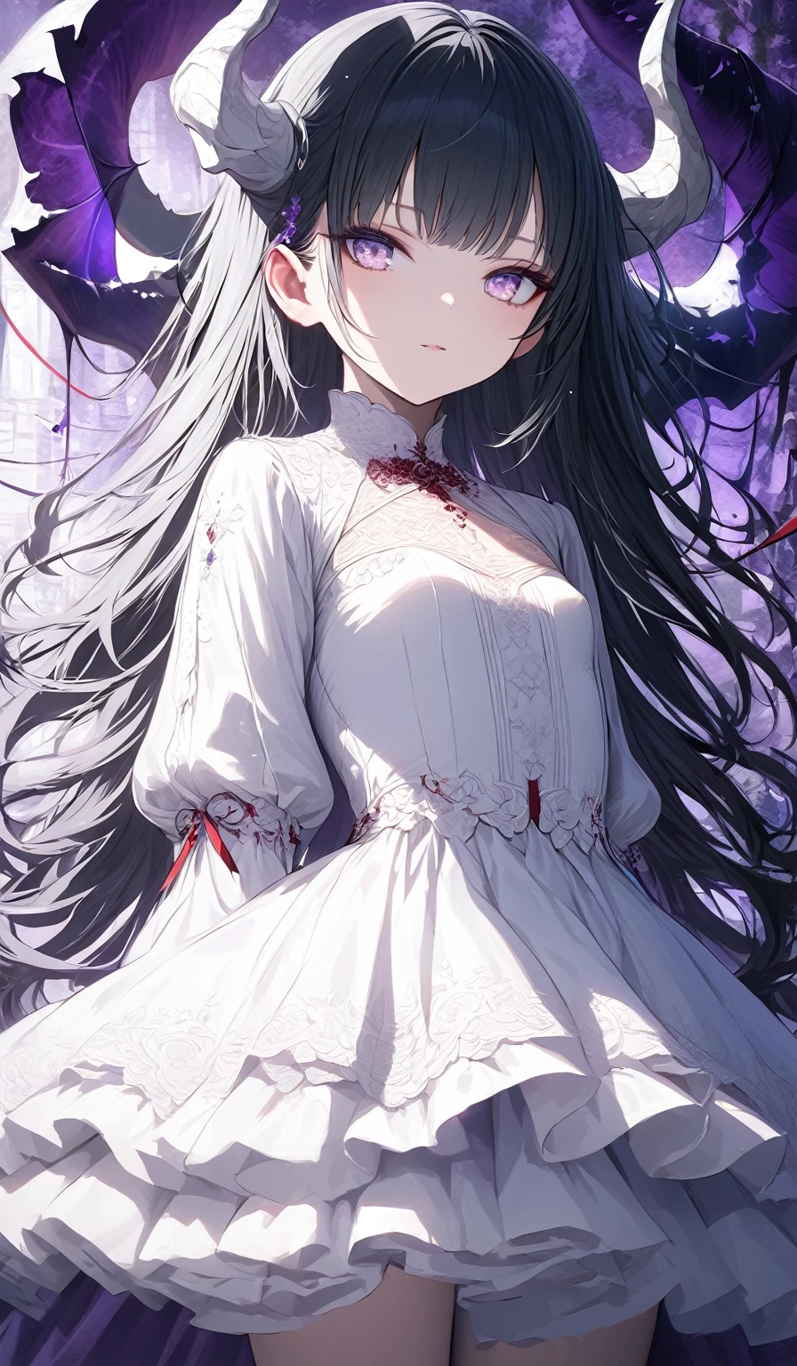 Masterpiece, very detailed, ultra detailed, one, (1 girl), she is in a white detailed dress with red details and accents, children's style, long white hair and parting on the sides, white demonic horns, beautiful, charming, purple eyes, elegant, small breasts, kind face, charming, she stands against the background of 100 photos of a man with black hair and purple eyes.