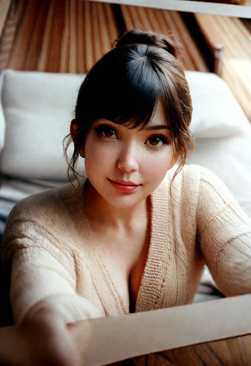 (masterpiece:1.3), (8K, Photorealistic, Raw photo, Best image quality: 1.4), 20s in Japan、(Random Hairstyles:1.2)、Cleavage:1.2、Super detailed face、Attention to detail、double eyelid、Put your chest together、Sharp focus:1.2、Beautiful woman:1.4、Black Hair、Highest quality、masterpiece、超A high resolution、(Photorealistic:1.4)、Highly detailed and professionally lit smile、Loose, lightweight knitwear、Shoulder out、thin、Serious expression、Short-haired、Deadly position