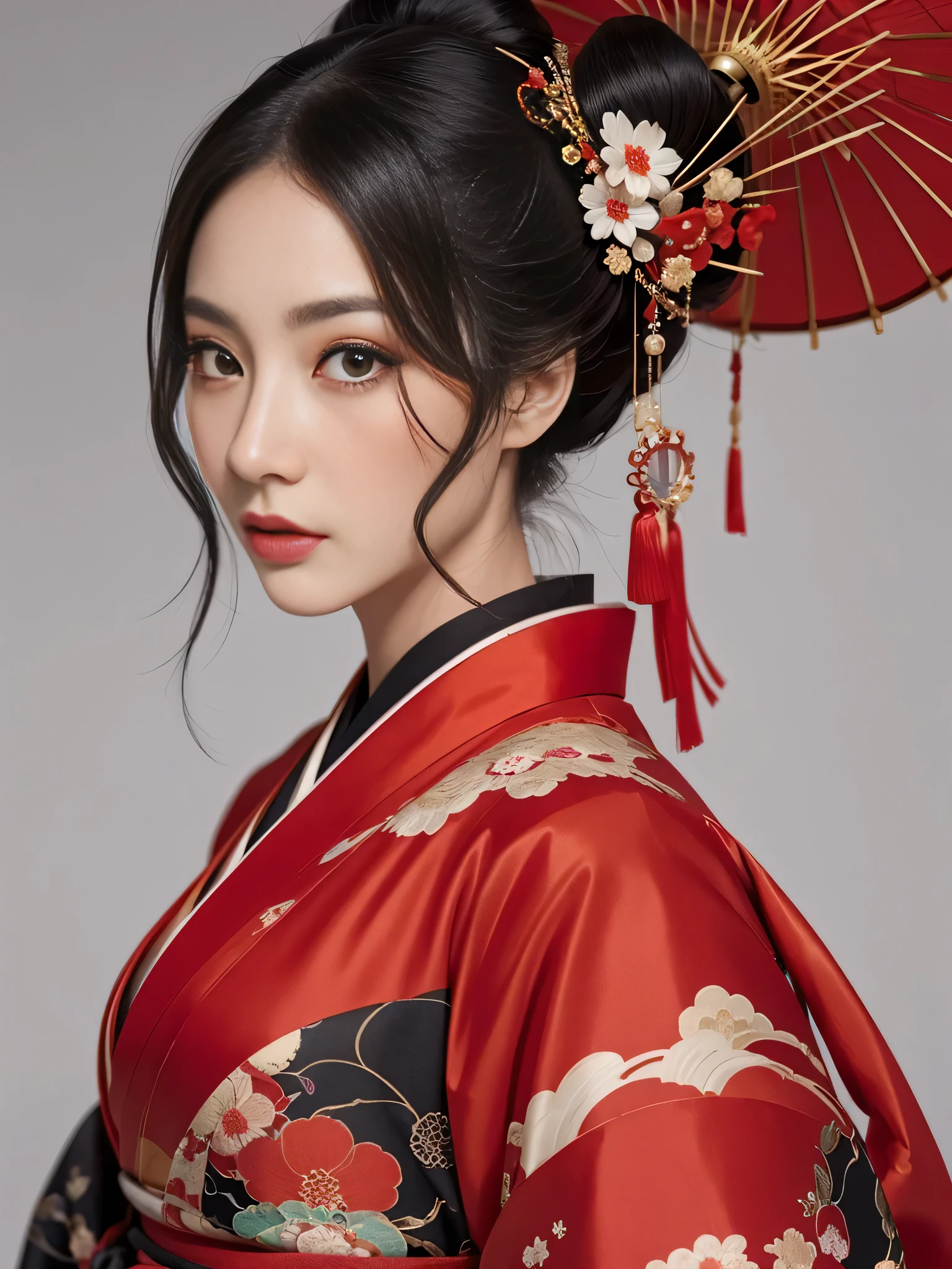 Red kimono、hairpin,Geisha Makeup, Geisha hairstyle, Japanese Geisha, Photographic portrait of a geisha, Geisha make-up, Beautiful geisha, Traditional Japanese, Japanese skilled geisha, Japanese women, remarkable Geisha make-up, Traditional geisha costume, Portrait of a Geisha, Portrait of a Geisha