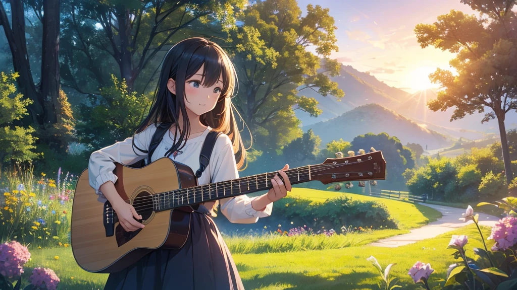 An anime girl standing confidently in the morning light, holding a guitar and ready to face the day. She is wearing her favorite shirt, looking vibrant and alive. The background shows a peaceful countryside with rolling hills, blooming flowers, and a clear blue sky. The morning sun casts a warm glow over the scene, symbolizing new beginnings and endless possibilities. The girl's expression is one of determination and joy, with a pocket full of dreams and a heart that's true. As the scene transitions to night, the countryside is illuminated by the gentle glow of fireflies and the soft light of the moon. The girl is strumming chords and singing out her soul, surrounded by the serene beauty of nature. The atmosphere is filled with a sense of freedom and courage, with vibrant colors and dynamic lighting highlighting her journey. The overall mood is one of resilience, passion, and the unstoppable pursuit of dreams in a tranquil rural setting.