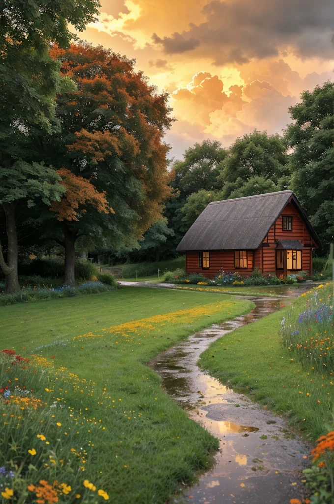 Create a landscape of a serene countryside scene during a gentle summer rain. A cozy cottage with a red roof is nestled near a large, lush green tree. The sky is filled with dramatic, billowing clouds in vibrant shades of orange and yellow, illuminated by sunlight breaking through, creating a striking contrast with the dark blue rain clouds. A narrow, winding path leads to the cottage, bordered by wildflowers in bright red and orange hues, and rich green grass. Small puddles form from the rain along the path. The overall atmosphere is peaceful and picturesque, with a harmonious blend of nature and tranquility, depicted in highly saturated colors to enhance the vividness and charm of the landscape.