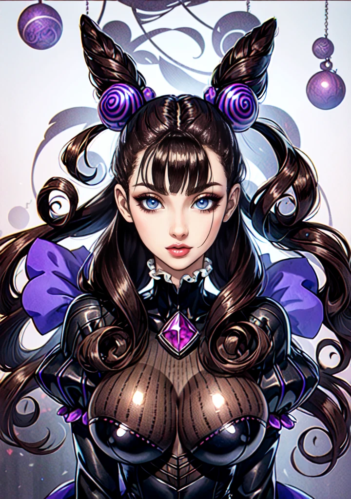 1girl,murasakishikibu, murasaki shikibu, brown hair, (purple eyes:1.1), long hair, big breast, BREAK black dress, dress,, frills, juliet sleeves, long sleeves, puff and slash sleeves, puffy sleeves, purple gemstone, sleeves past wrists, wide sleeves, cone hair bun, double bun, hair bun, hair ornament, long hair, two side up,BREAK (masterpiece:1.2),(beautiful detailed eyes:1.6), extremely detailed face, perfect lighting, extremely detailed CG, (perfect hands, perfect anatomy), standing