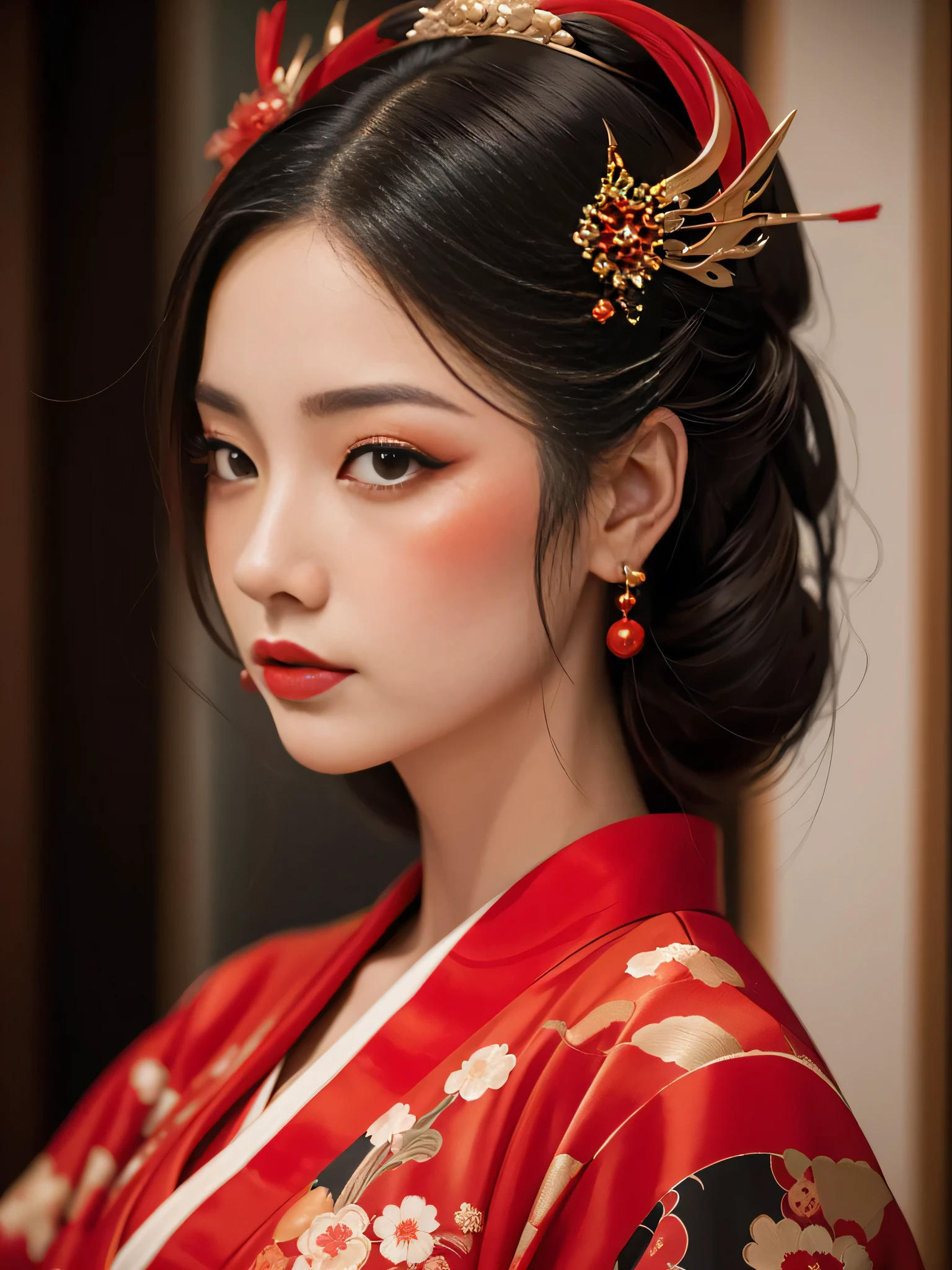 Red kimono、hairpin,Geisha Makeup, Geisha hairstyle, Japanese Geisha, Photographic portrait of a geisha, Geisha make-up, Beautiful geisha, Traditional Japanese, Japanese skilled geisha, Japanese women, remarkable Geisha make-up, Traditional geisha costume, Portrait of a Geisha, Portrait of a Geisha