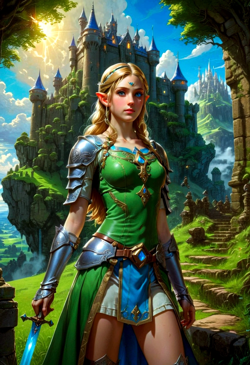 1girl, Princess Zelda, The Legend of Zelda, A highly detailed fantasy landscape,rolling hills,lush forests,medieval castle,ancient ruins,glowing magical crystals,dramatic lighting,epic adventure,beautiful detailed eyes,extremely detailed face and intricate outfit,stunning digital art,cinematic composition,vibrant colors,dramatic lighting,fantasy art,concept art,ultra-detailed,8k,professional, masterpiece, best quality, very aesthetic, absurdres