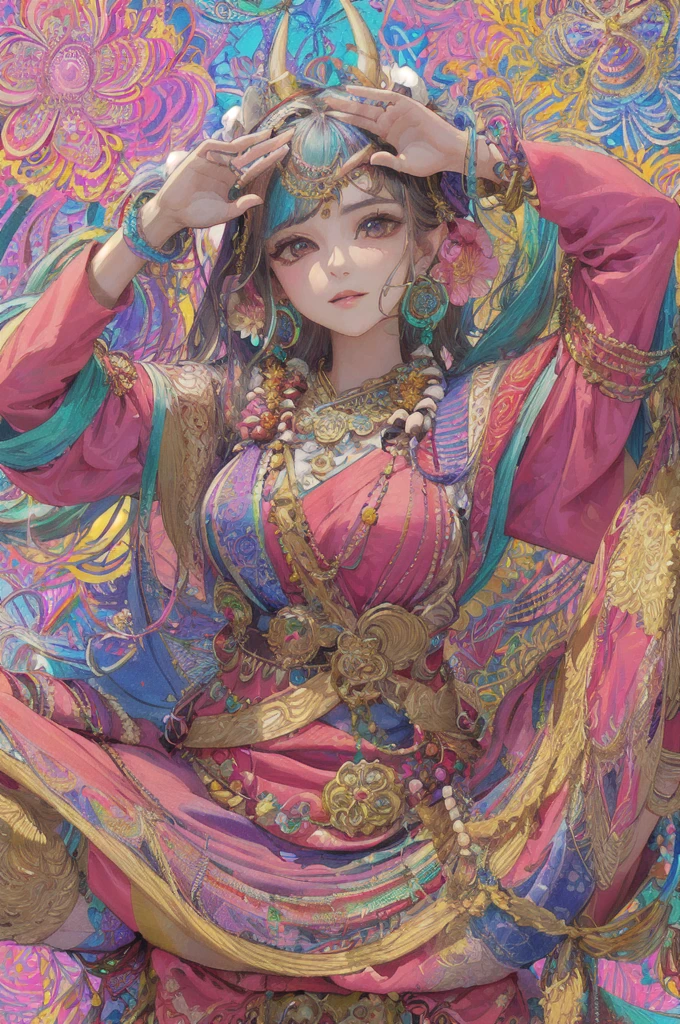 (masterpiece, Highest quality, Highest quality, Official Art, beautifully、aesthetic:1.2), (One girl:1.3), Very detailed,(Fractal Art:1.1),(colorful:1.1)(Flowers:1.3),Most detailed,(Tangled:1.2), (Dynamic pose), (Abstract background:1.3), (Indian Traditional Cloth:1.2), (Shiny skin), (Many colors:1.4), ,(Earrings:1.4),Horns on the head