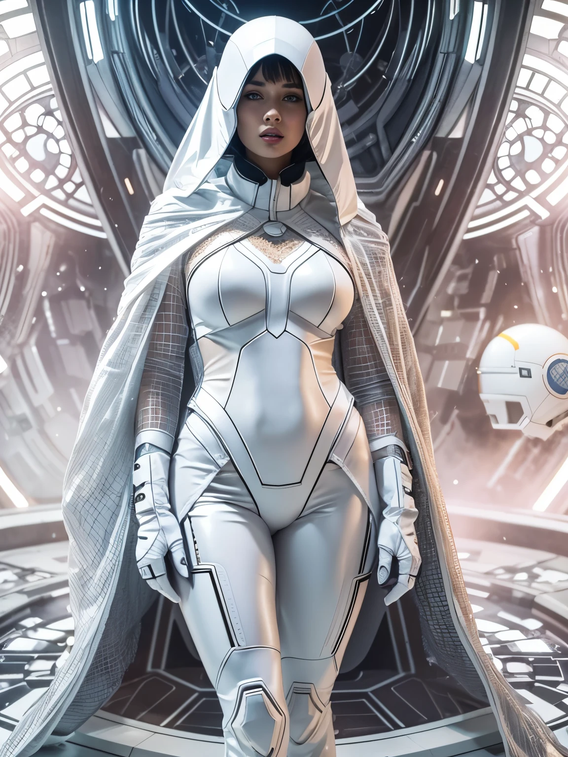 Full body. An ultra hot gorgeous European woman covered in loose clothing. White cotton veils. Large breast. ((Her face is hidden behind a futuristic helmet )).A sci-fi image. In an aseptic setting.