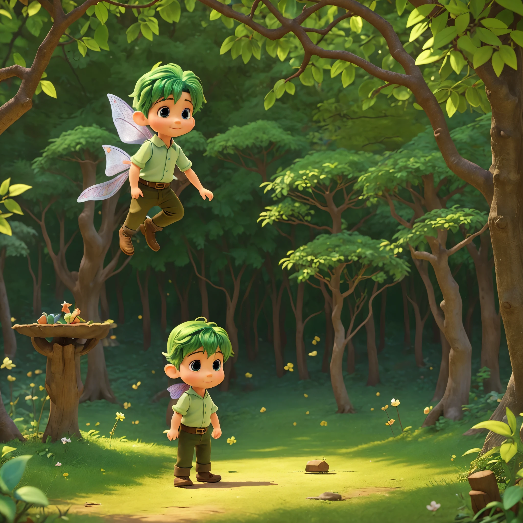 The world of fairy tale picture books、cover、(A little boy who is a fairy living in the forest)very cute、((One fairy boy))、Green Hair、Disney's Worldview、limbs are short、Half human, half fairy face