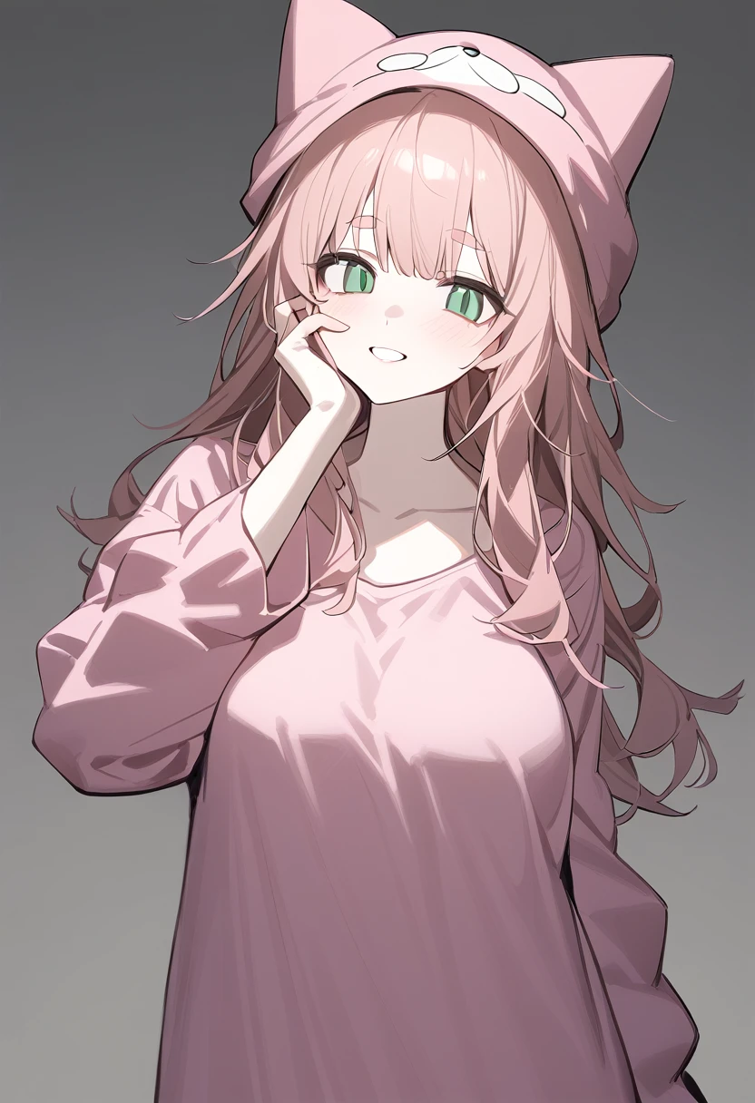 1 girl, alone, adolescent, pink fur, broad, messy hair, corrugated shelter, long bangs, pale skin, green eyes, big breasts, large eyes, big open smile, stoic, standing, (long pajamas with cat hat), (Gray background, simple background), Upper part of the body, Masterpiece, Best Quality, dynamic angle, hand on his face, Big eyebrows