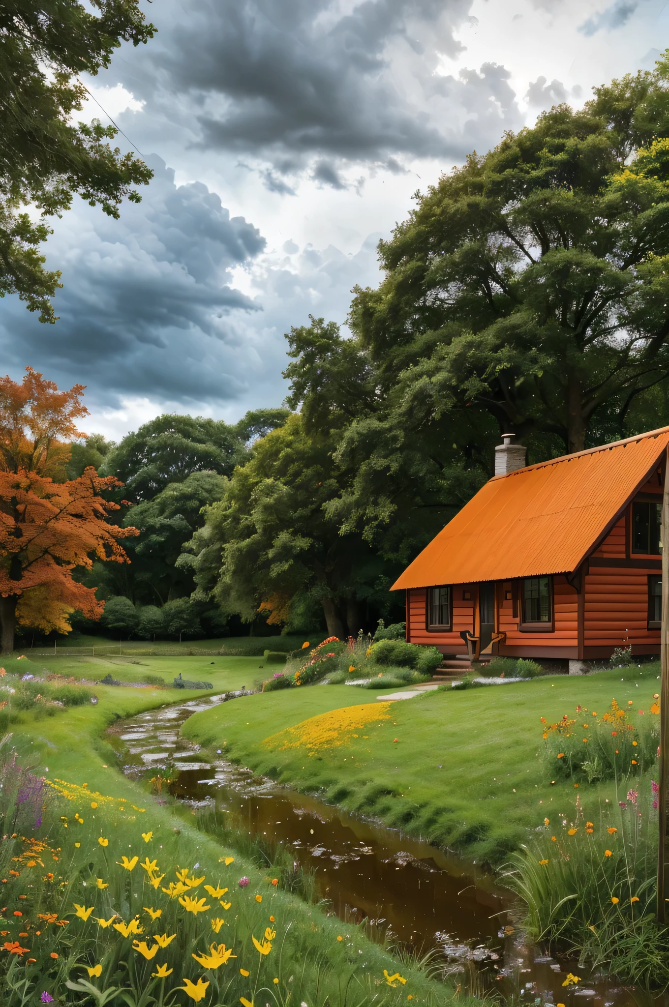 Create a landscape of a serene countryside scene during a gentle summer rain. A cozy cottage with a red roof is nestled near a large, lush green tree. The sky is filled with dramatic, billowing clouds in vibrant shades of orange and yellow, illuminated by sunlight breaking through, creating a striking contrast with the dark blue rain clouds. A narrow, winding path leads to the cottage, bordered by wildflowers in bright red and orange hues, and rich green grass. Small puddles form from the rain along the path. The overall atmosphere is peaceful and picturesque, with a harmonious blend of nature and tranquility, depicted in highly saturated colors to enhance the vividness and charm of the landscape.