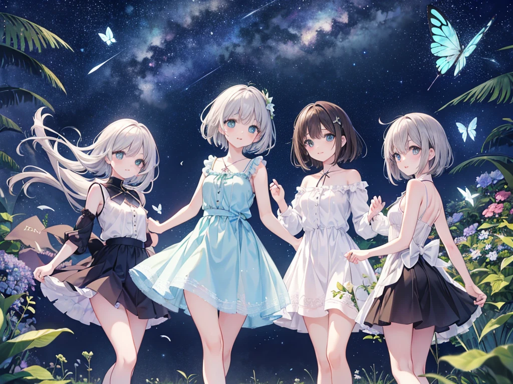 kawaii, anime, Cute, hyper quality, highly detailed, 16k, Front facing, Clarity, full body, smile, one girl and two sisters, The twins have short silver hair, lapis lazuli eyes, The other has dark brown straight hair., green eyes, ruined world, Fantastic, moonlight, middle School girls, Three girls, two of them sisters, upper body, pale pastel colors, Both sisters have short silver hair., light dances, Shining butterflies dance, three girls, Both sisters have lapis lazuli eyes., apocalyptic world, One person has long dark brown hair., highlight, hill where flowers bloom, nature background, one brown bird, Feathers dance, night, stars fall,
