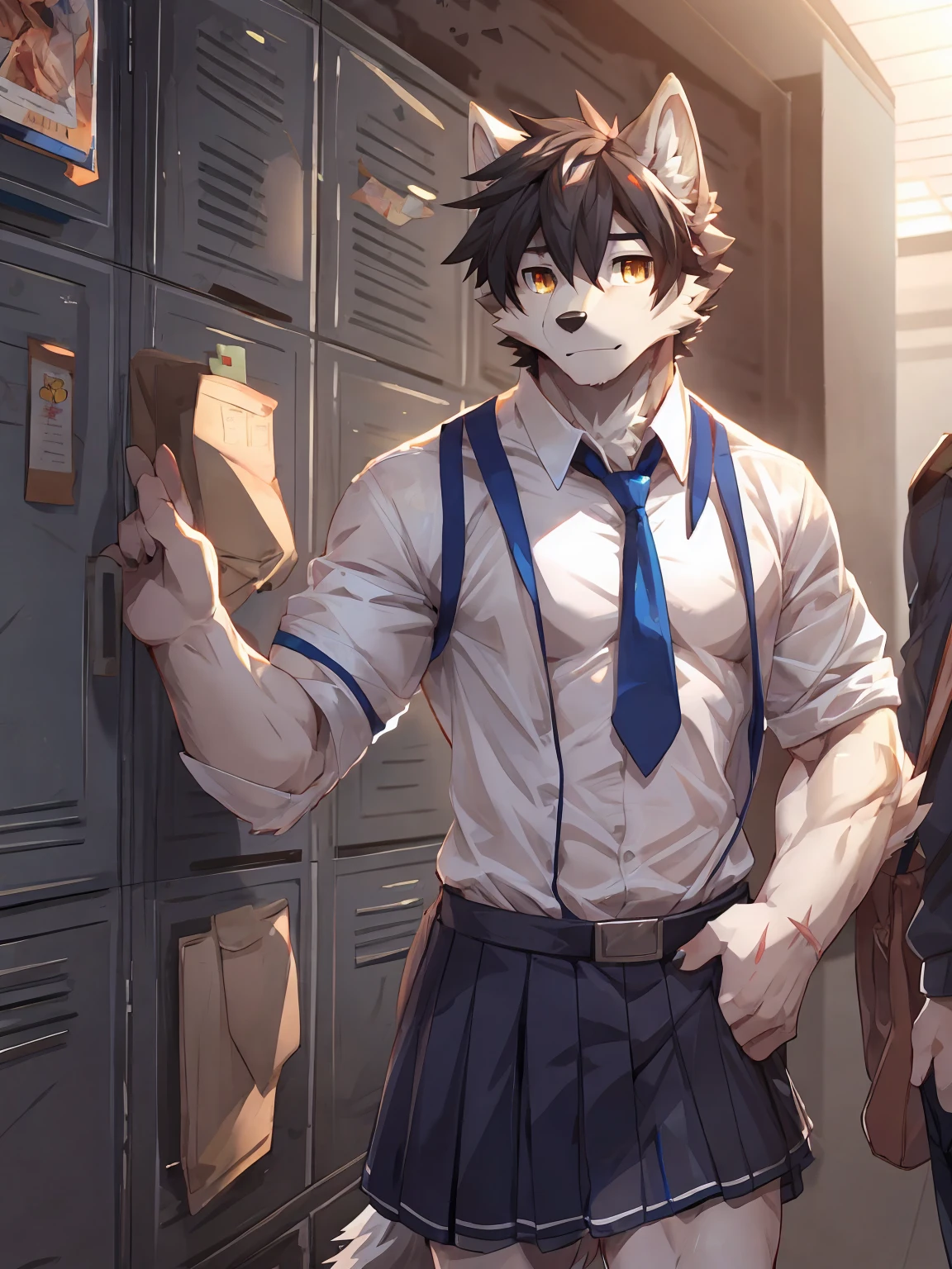 embedding:Gray wolf,Golden Eyes,Single Person,a scar on the face.Gray fur,short hair,High school students,male school uniform,Scratch head,Standing by the school locker,Nervous,Male.Thin,Handsome,Smart,Nervous,Best quality hands, best quality eye,detailed fur,Delicate eyes.Extreme picture quality,by sollyz,by zixiong,by null_ghost