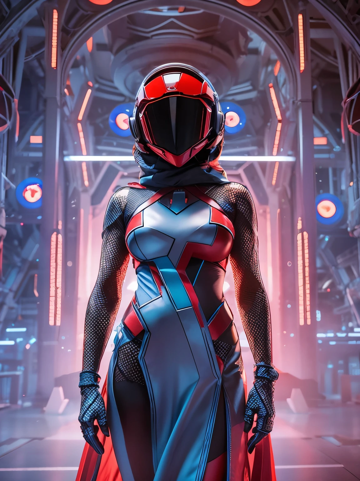 Full body. An ultra hot gorgeous European woman covered in loose clothing. Blue cotton veils. Large breast. ((Her face is hidden behind a futuristic helmet )).A sci-fi image. In an aseptic setting. Red hues.