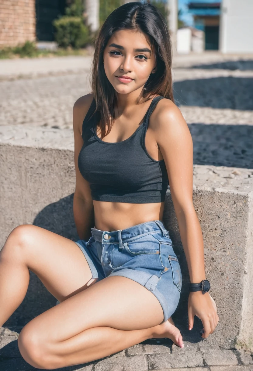 teenage girl sitting on ground, belly exposed, belly bloated in shorts and crop top, belly button open