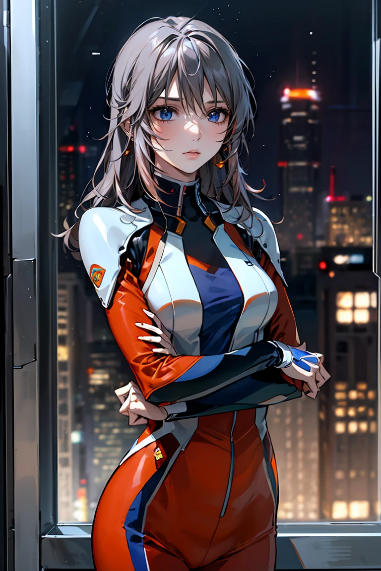 「A 20-year-old young female pilot、Height: 165cm、((Long wavy silver hair:1.8, Deep purple eyes))。With skin as white as porcelain、His calm and intelligent expression exudes kindness.。(Wearing an elegantly designed futuristic blue and orange suit:1.6)、Silver and purple accents。A shiny bracelet on his left wrist、She has a small earring in her right ear.。The background is a futuristic cityscape seen from a room in a high-rise building.、Outside the window, the night city spreads out。In a standing position、Hold the window frame lightly with one hand、Gazing into the distance。He exudes an air of keen intelligence and deep compassion.。」Perfect Anatomy