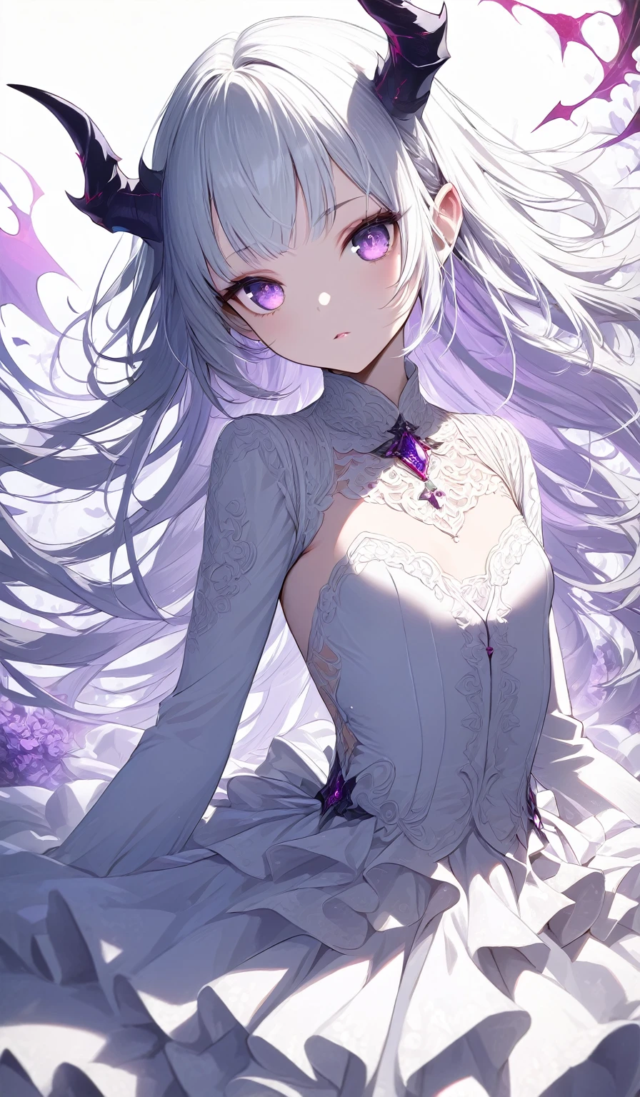 Masterpiece, very detailed, ultra detailed, one, (1 girl), she is in a white detailed dress with red details and accents, children's style, long white hair and parting on the sides, white demonic horns, beautiful, charming, purple eyes, elegant, small breasts, kind face, charming, she stands against the background of 100 photos of a man with black hair and purple eyes.