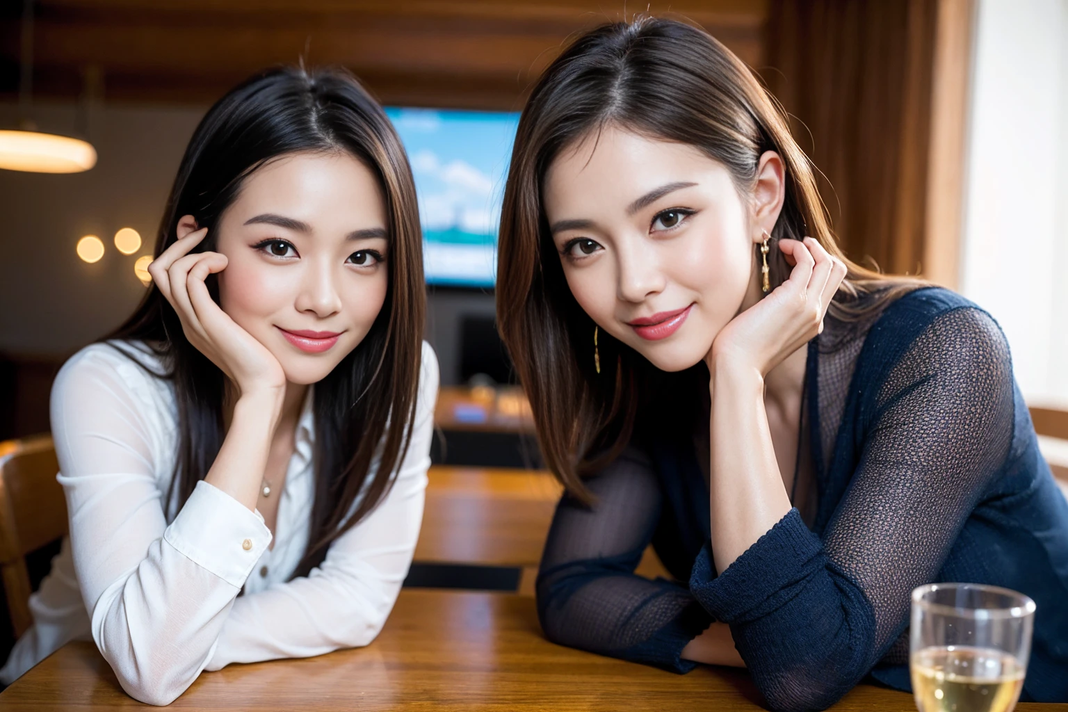 ((Highest quality、8K、masterpiece:1.3))、cute、Slim Couple、Beautiful Model、Famous beauty actress, (Brown Hair), actor、Asian Beauty、Model Couple、The best smile、Happy Smile、38 years old 42 years old、Shortcuts、Upper Body、(Realistic, Intricate details:1.2), full-course dinner、Wine Party、Amazing view of the sunset sky and clouds、Sweet eye angle, Ultra HD 8K, Ultra-realistic, photograph, Cinematic, photograph, Wide-angle, Detailed Visuals, 3D Rendering, Soft texture, Realistic, Close up zoom in, (Front view), ((View your viewers)), Perfect corner angle, Thin lips, Natural Beauty, (Soft and super white skin), Perfect Skin, (masterpiece), (Beautiful attention to detail), (Makes your face smaller), No makeup, Skinny Wine Bottle、Champagne、sparkling wine、Two beauties、Brown Hair、Shortcuts、Long sleeve shirt、dress、Draw both arms accurately