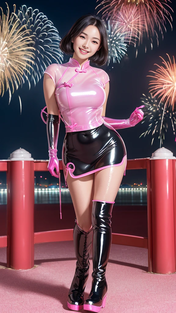 (Tabletop:1.0), (highest quality:1.4), (High resolution:1.2), (Realistic:1.4), (8k, RAW Photos:1.2), (Soft Focus:1.4),(close up:1.2),break,a girl walking and wearing slime qipao,Smiling while taking a photo.............................................................,(a girl wearing sticky slimy pink qipao:1.4),(sticking out their tongue:1.2),BREAK,Smooth and tight boots, Clear skin,latex, Translucent body,latex Shiny,Perfect Fingers,(Shiny latex gloves:1.2), gloves that fit their skin,break,BREAK,bob hair,(vermilion hair:1.2),(smile:1.2),glossy Shiny reflective, Makeup,Japanese Goddess, Glowing Skin,Gorgeous Japanese Model,Shiny,Shiny,(eroded liquid black boots:1.2),(wide boots:1.3),wrinkles,break,Detailed Background,(on the bridge road:1.1),(fireworks are going off in the background:1.1)