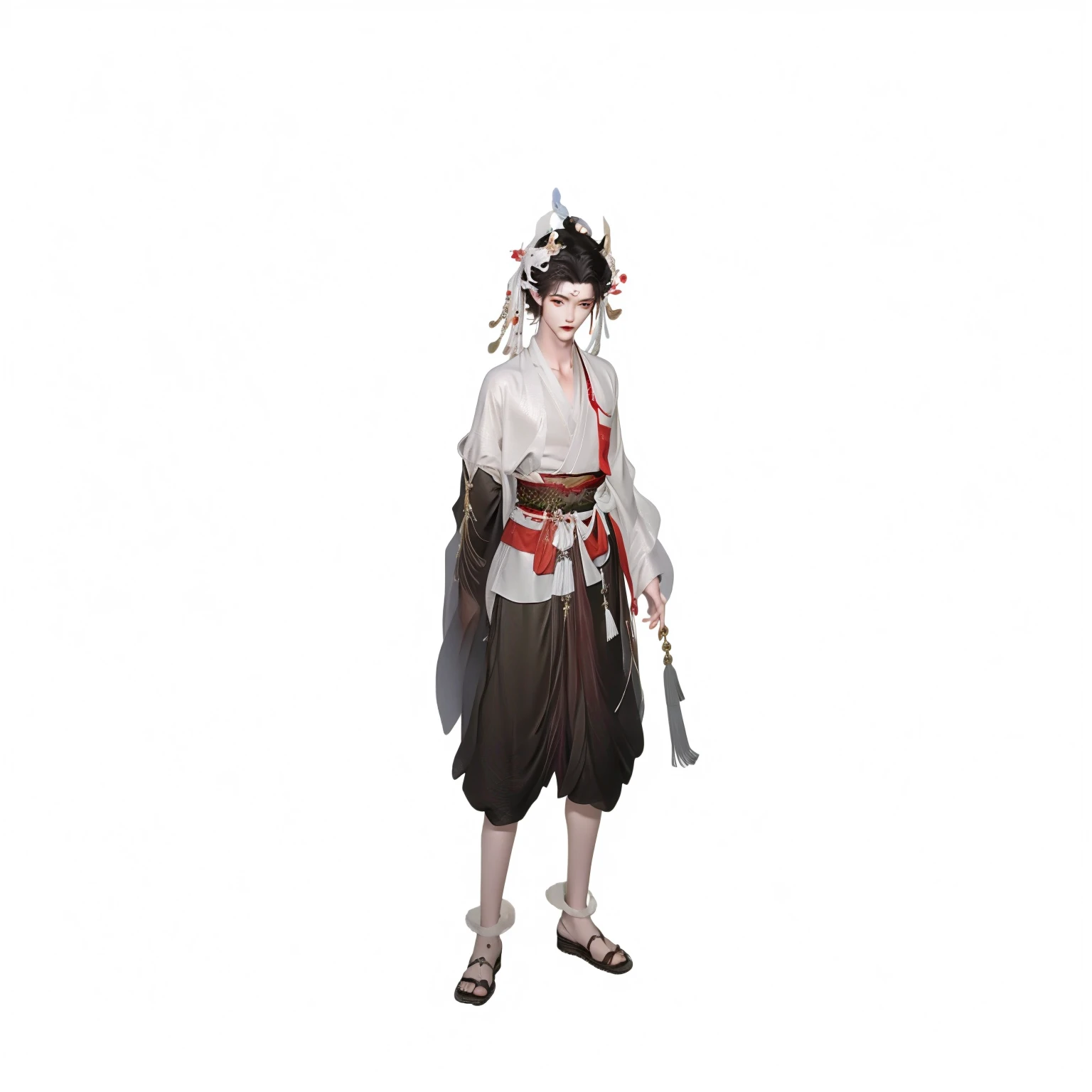 short hair，1 Boy，Look into the camera，younger 16 years Taoist, Close-up of face，serious, A serious look, Handsome, monster, Short hair, Black hair, White hair, Facial close-up, Red eye shadow, Tiger tooth, Red eyebrows, Japanese style, kimono, A high-necked kimono, branch, Pointy yokai ears, The Yin Yang Masters, immortal and full of mystery, Ink and watercolour character style， high quality, masterpiece, Exquisite facial features, Delicate hair depiction, Detailed depiction of the eyes, masterpiece, best quality, Ray Tracing, Extremely detailed CG unified 8千 wallpaper, masterpiece, best quality,