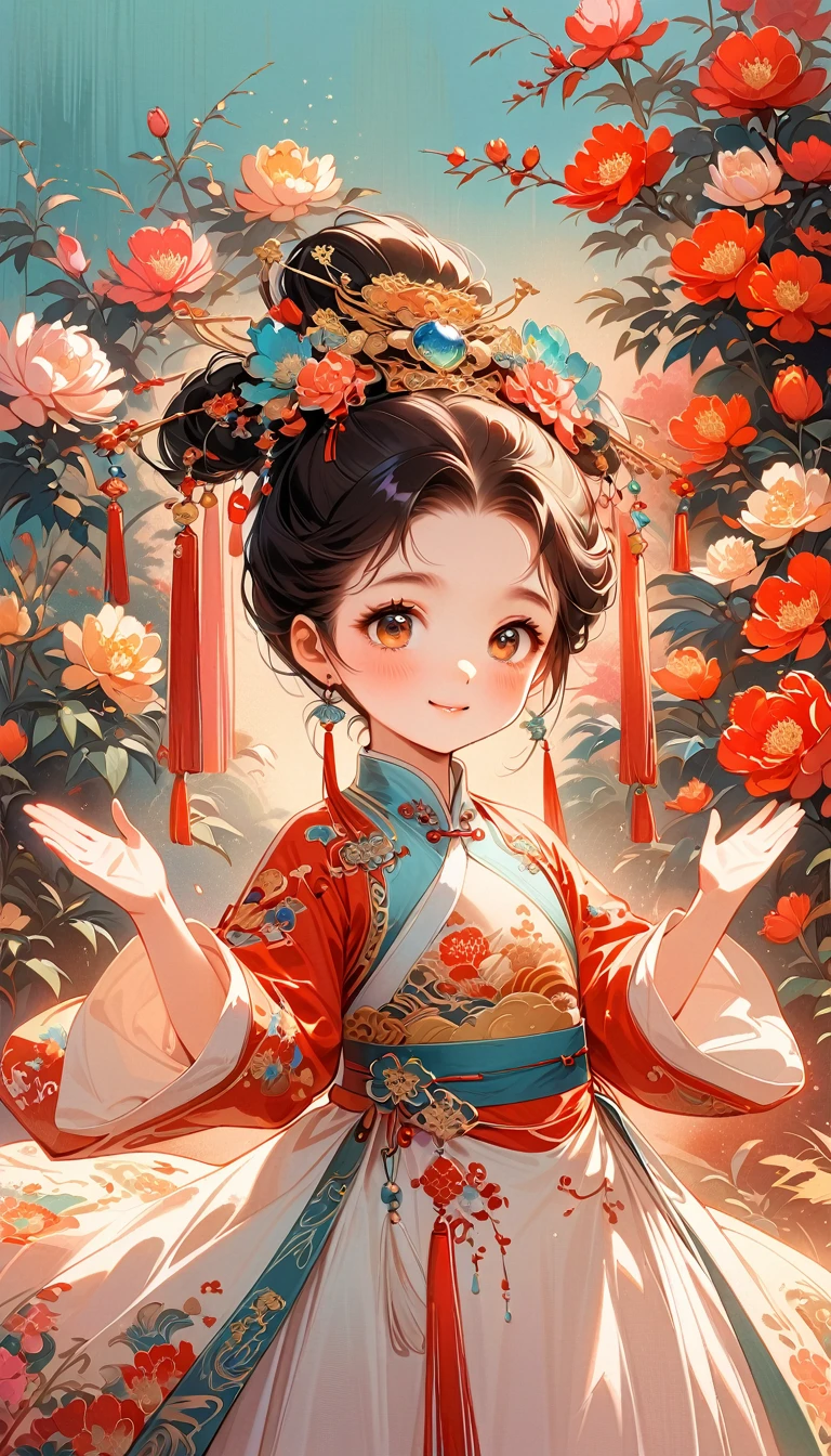 A beautiful young 5 years old little girl in traditional Chinese attire, sweet smile, from front, lively and kawaii dancing pose, waving hands, charming and attractive sexy pose, surrounded by a lush garden. gazing at it with gentle eyes. The woman's hair is styled in an elaborate updo adorned with flowers and traditional ornaments. Her dress is elegant, pink and white color tone, featuring fine silk with floral embroidery. The garden is in full bloom, with peonies and other flowers providing a backdrop. The scene captures the serenity and beauty of classical Chinese art, with a touch of nature harmony, (((Ultra-high saturation, high natural saturation, extremely bright colors)))