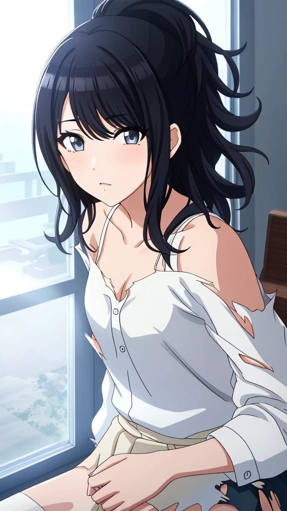 {shiny colors , Hiori Kazano :1.15},black hair, detail gray_eyes, , 1 girl,,alone, hair between eyes,(torn white shirt:1.5),show off white lace panties, bare shoulders,, cleavage,thighhighs, ponytail hair, , beautiful light,, close up face,　　　　　　　　　　　　　　　　　　　　　　　　　　　　　　　　　　　　　　　　　　　　　　　　　　　　　　　　　　 beautiful upper body, Beautiful body, beautiful character design, perfect eyes, Perfect face, expressive eyes, looking at the viewer,(sitting on liquid),in the center of the image, official art,High Definition CG Unity, Perfect lit, bright_front_face_lit, ,(Highest_quality:1.0),4k,Super detailed, photograph, 8K, nffsw, High resolution, absurd:1.2, kodak portrait 400, film grain, Lens flare, (lively_color:1.2) (beautiful,small breasts:1.4), (beautiful_face:1.3),(narrow_waist),blush, ((detail nipple)),,