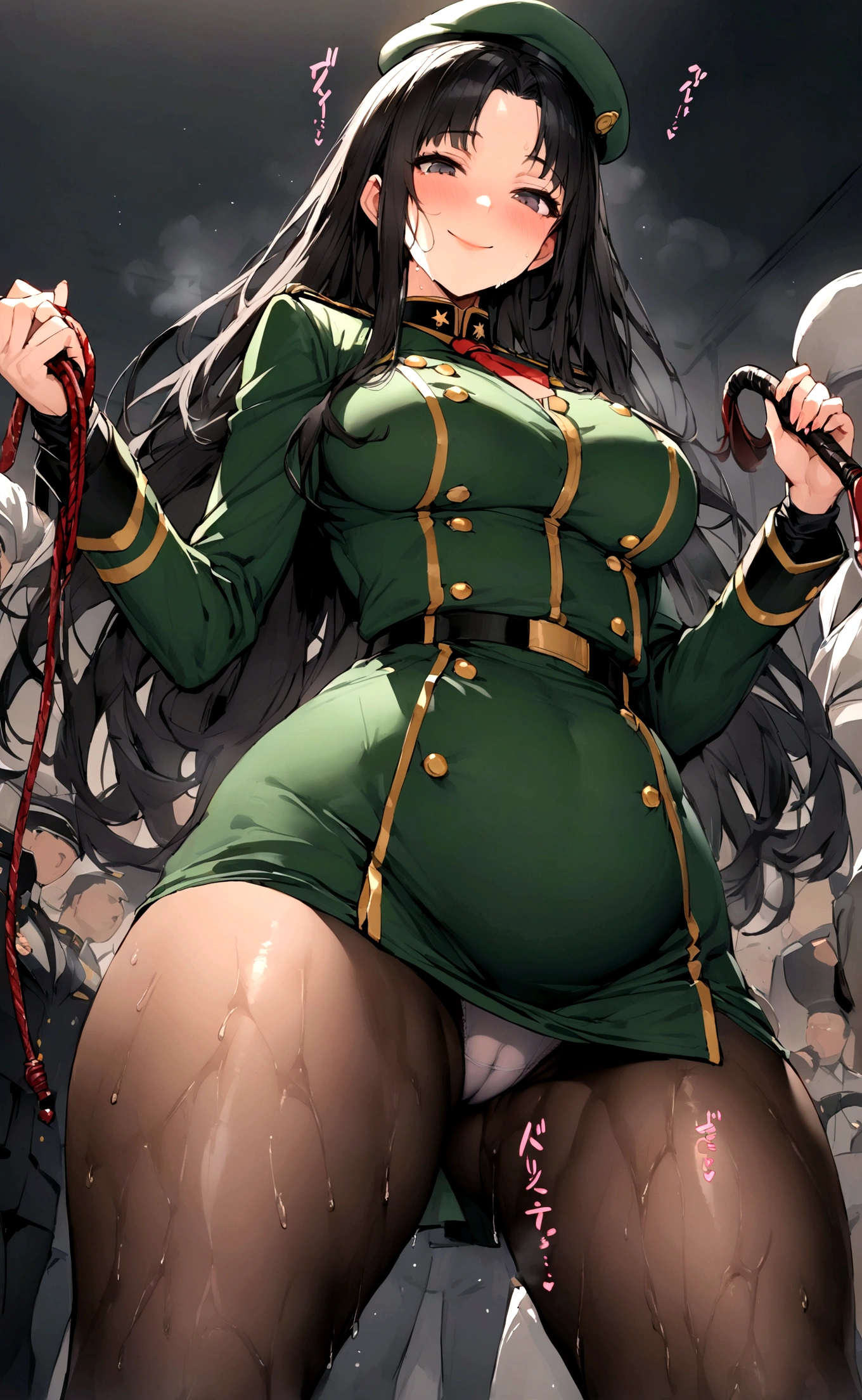 One Woman、A large number of people、Beauty、uniform、military base、Female Officer、crowd、緑のuniform、beret、Tight Skirt、Military personnel、30 years old、Looking down at the viewer, long hair、Sitting on a man's face、Man tortured、Bangs, Highest quality, Focus on the thighs, smile,panties、Plump thighs、Big Ass、Big 、 Black Hair,My thighs are steaming between the legs 、Sweaty pantyhose、パンストの下のpanties、Black Pantyhose、Angle from directly below、Holding a whip、crowdを誘惑する、Acme convulsions、Obscene sound effects、Naughty sound effects