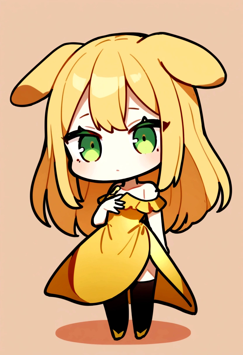 1girl with long golden hair, green eyes, floppy dog ears,emoteless face, golden dress with open shoulders. Black stockings. Chibi style, simple background, hand on chest