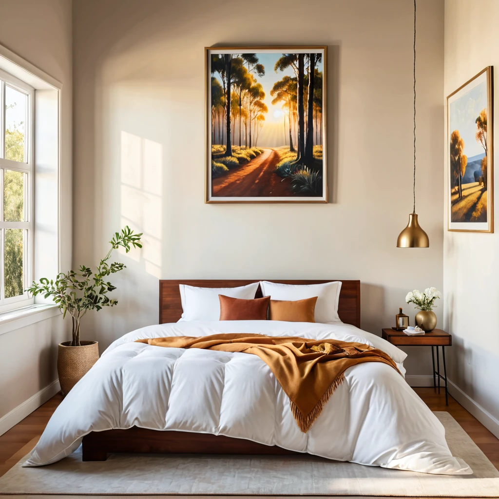 there is a bed with a white comforter and a painting on the wall, iron bark, radiant morning light
