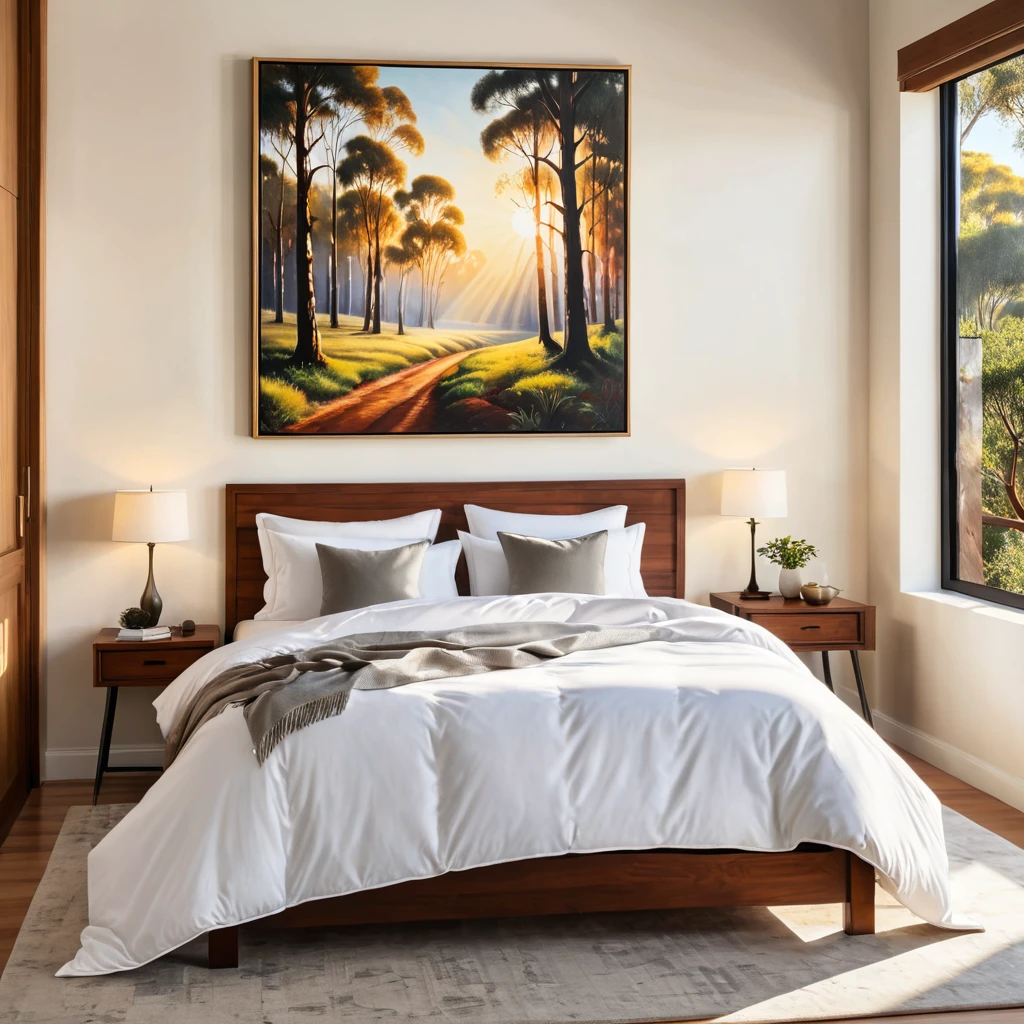 there is a bed with a white comforter and a painting on the wall, iron bark, radiant morning light
