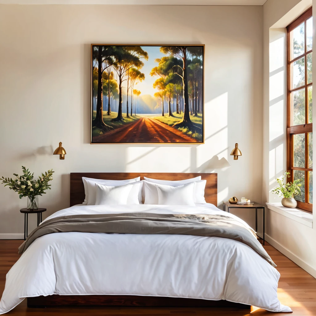 there is a bed with a white comforter and a painting on the wall, iron bark, radiant morning light