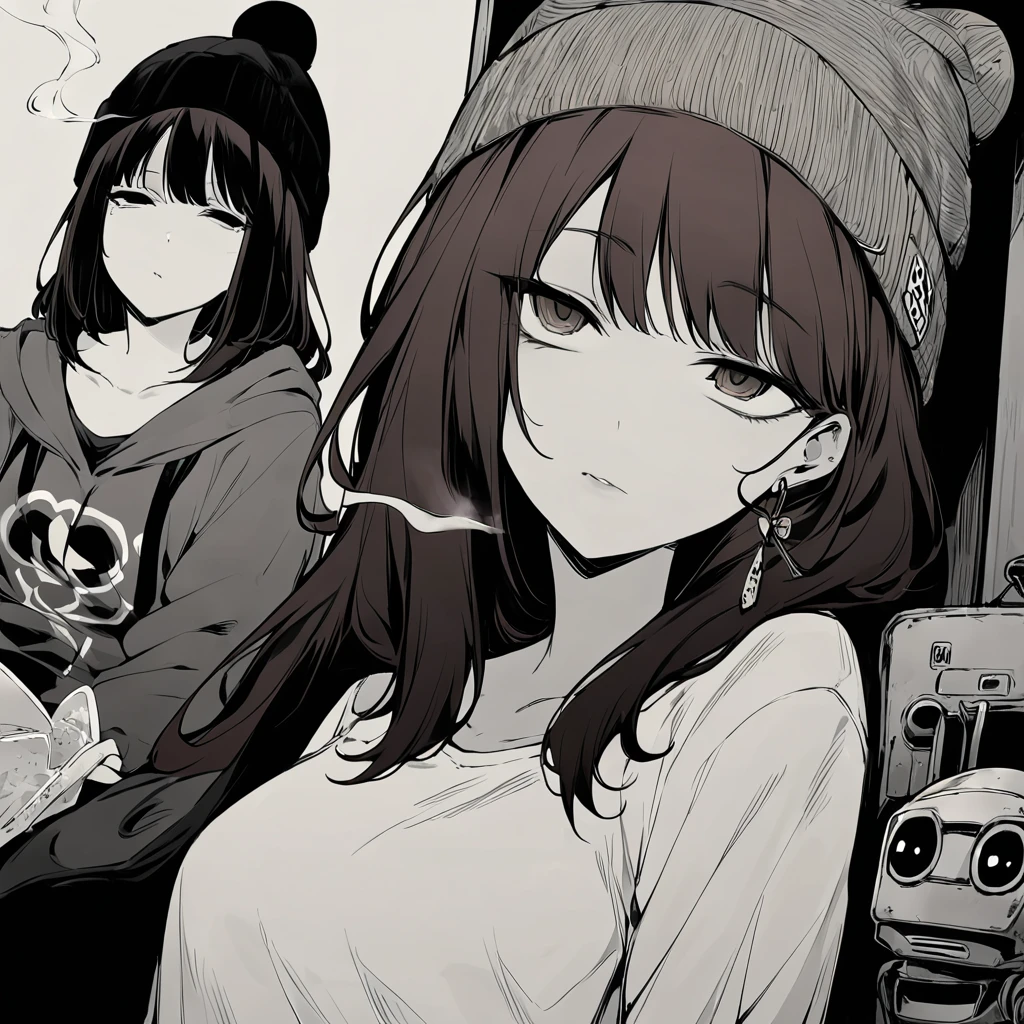 Adult female, robot, messy neck-length brown hair, indifferent, apathetic, hippie, beanie, baggy hipster clothing, sunken eyes, fully clothed, monotone hippie bedroom, one feather earing, smoking marijuana