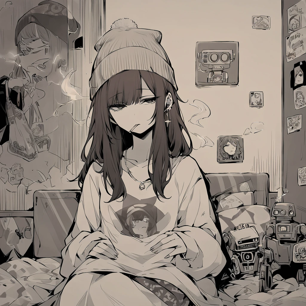 Adult female, robot, messy neck-length brown hair, indifferent, apathetic, hippie, beanie, baggy hipster clothing, sunken eyes, fully clothed, monotone hippie bedroom, one feather earing, smoking marijuana