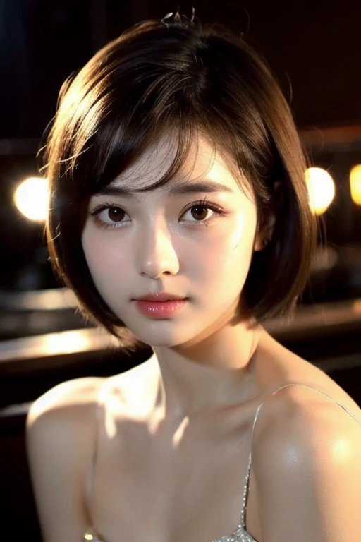 Beautiful and fair、Glowing Skin, nice, bright, Refreshing and gentle look, Perfect beautiful face、Short black hair,Very beautiful 17 year old girl, eyeliner, So perfect and beautiful、Lovely large clear brown eyes, (Cinematic aesthetics:1.4) Night Bar Photos, dress, bright笑顔