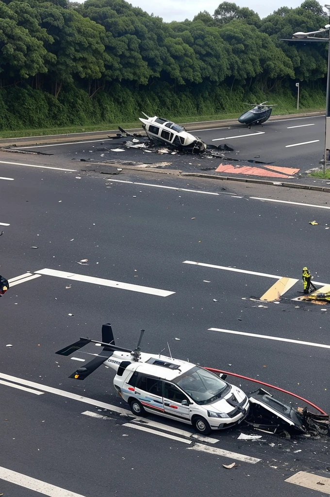 The helicopter crashed in the middle of the main road.