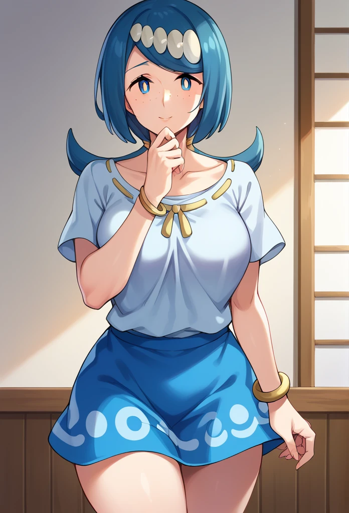 score_9, score_8_up, score_7_up, source_anime,
pokemonmotherlana, pokemonmotherlana, blue eyes, blue hair, freckles, hair ornament, long hair, swept bangs, bright pupils,
blouse, blue skirt, bracelet, collarbone, dress, jewelry, mini skirt, shirt, short sleeves, skirt, white shirt,
indoors,
looking at viewer, cowboy shot, dutch angle, big ass, naked