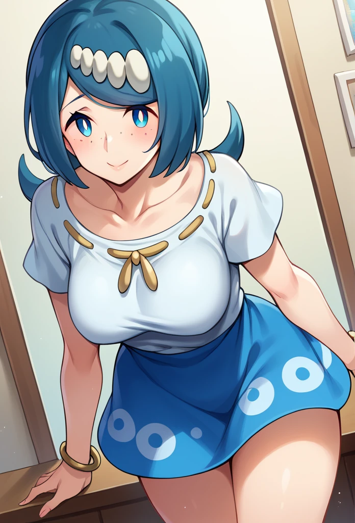 score_9, score_8_up, score_7_up, source_anime,
pokemonmotherlana, pokemonmotherlana, blue eyes, blue hair, freckles, hair ornament, long hair, swept bangs, bright pupils,
blouse, blue skirt, bracelet, collarbone, dress, jewelry, mini skirt, shirt, short sleeves, skirt, white shirt,
indoors,
looking at viewer, cowboy shot, dutch angle, big ass, naked