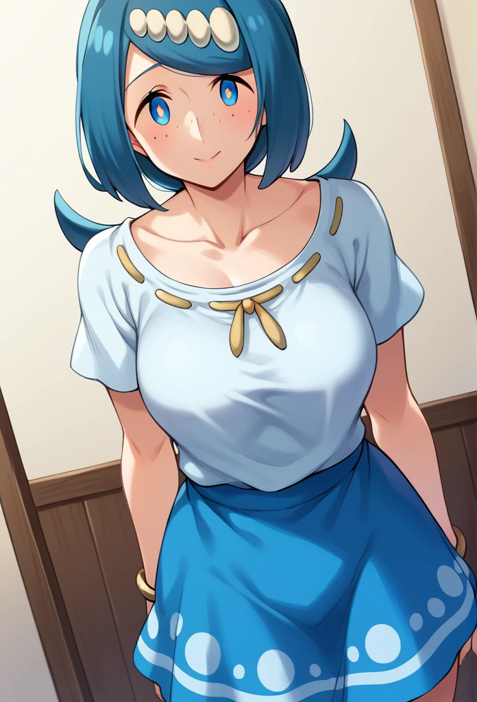 score_9, score_8_up, score_7_up, source_anime,
pokemonmotherlana, pokemonmotherlana, blue eyes, blue hair, freckles, hair ornament, long hair, swept bangs, bright pupils,
blouse, blue skirt, bracelet, collarbone, dress, jewelry, mini skirt, shirt, short sleeves, skirt, white shirt,
indoors,
looking at viewer, cowboy shot, dutch angle, big ass, naked