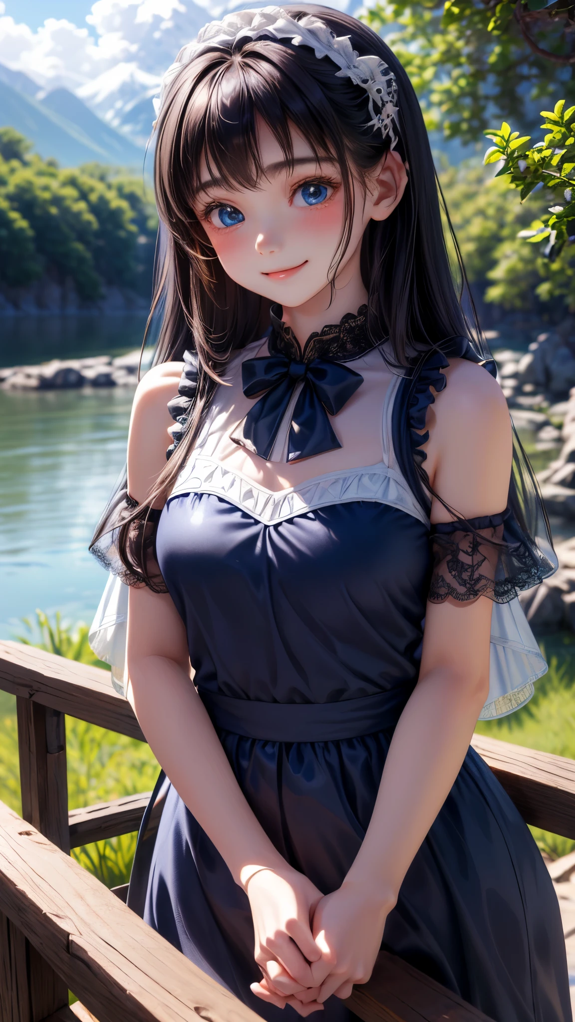 ((masterpiece)), ((highest quality、Ultra high definition)), (Very detailed),8K、Photo quality、((Amazingly cute girl)),(((-yeld gi)), Two people, , (Beautiful emerald blue eyes), ((smile)),In the open-air bath overlooking the sea, Beautifully arranged black hair in twin tails、whole body、Cute lolita maid style swimsuit))、Professional Lighting、(White lace knee-highore detailed and beautiful)、(More details and cutenesore realistic)、(((Just wear light clothing)))、プールではしゃぐ、