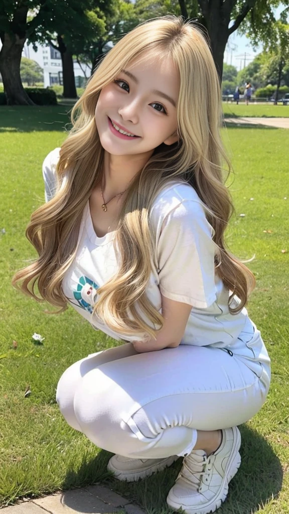 23-year-old woman, Long dark blonde wavy hair、Puffy nippleedium Milk, Cute Smile、、、Beautiful Necklace、On the grass in the park、Squat on your knees、Cute smile with upward glances、T-Shirts、White skinny pants、Beautiful ass、Beautiful legs